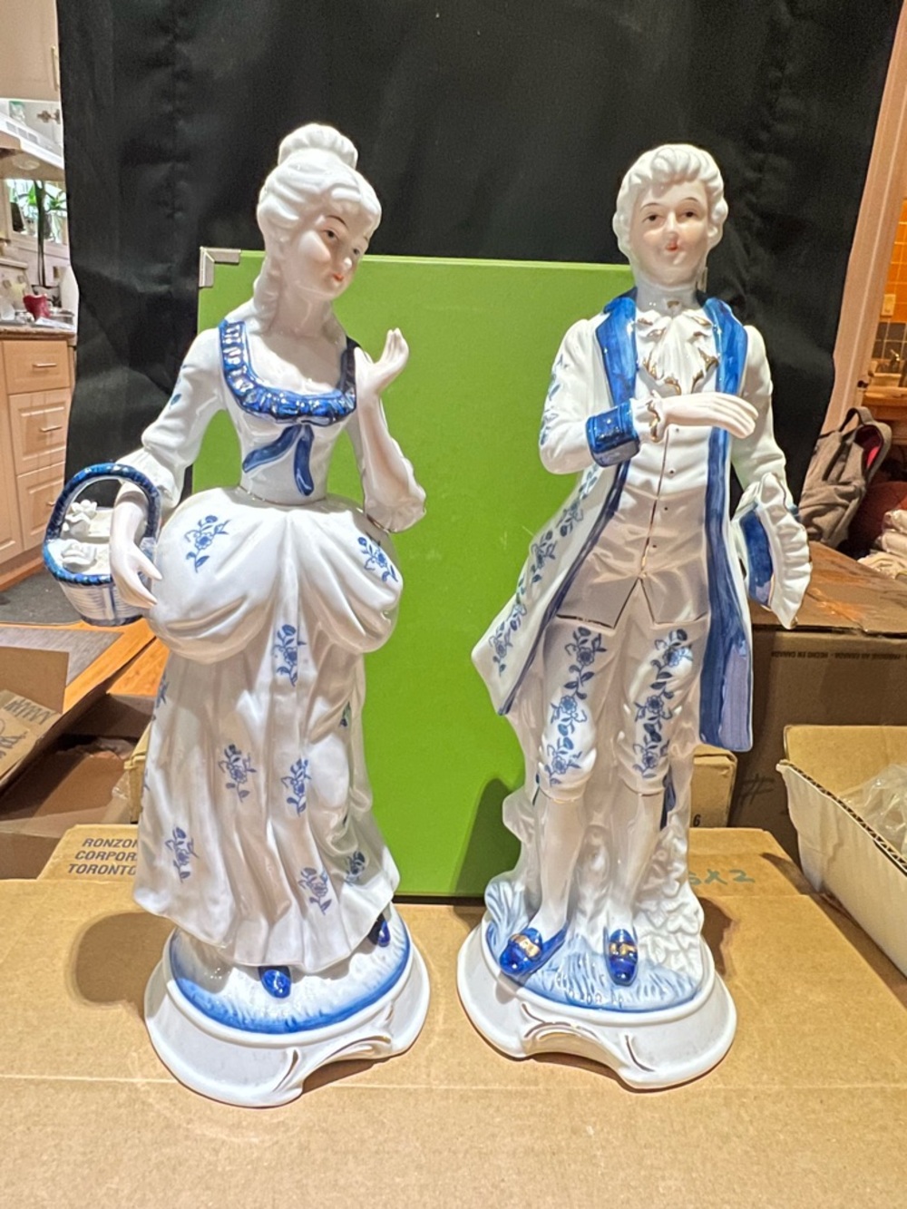 Porcelain Victorian Couple Figurines in White and Blue